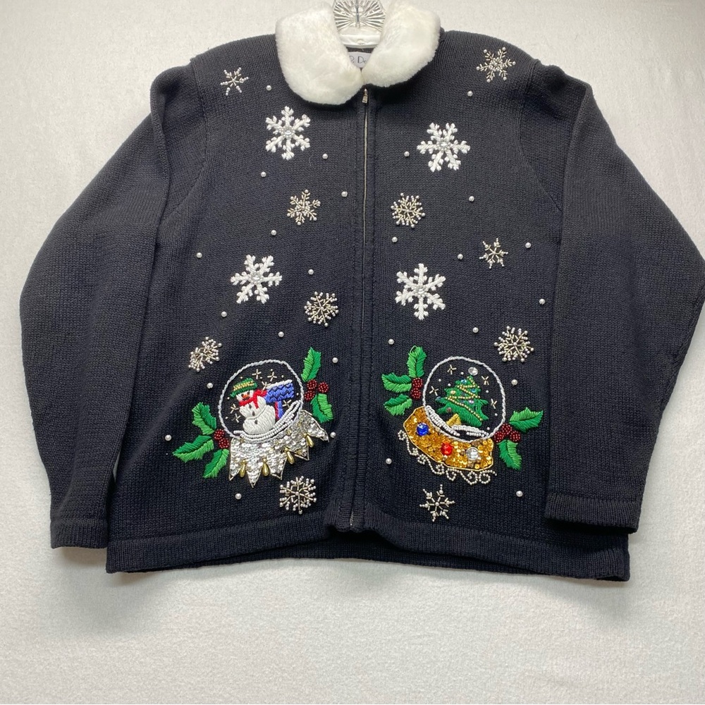 B P Design Large Black Full Zip Cardigan Faux Fur Snowglobe Sequins Beads Snow